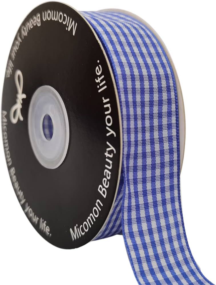 Micomon Blue and White Gingham Ribbon Plaid Ribbon 25 Yards Each Roll 100% Polyester (1", Blue) | Amazon (US)