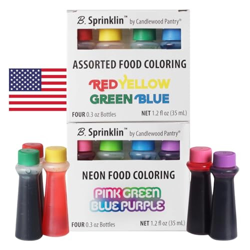 B. Sprinklin Assorted Liquid Food Coloring Kit - Neon and Regular (8) Colors, Vibrant Food Dye for Slime Crafts, Dying Eggs, Frosting and Cake Decorating, 8 Bottles, 0.3 fL Oz by Candlewood Pantry | Amazon (US)