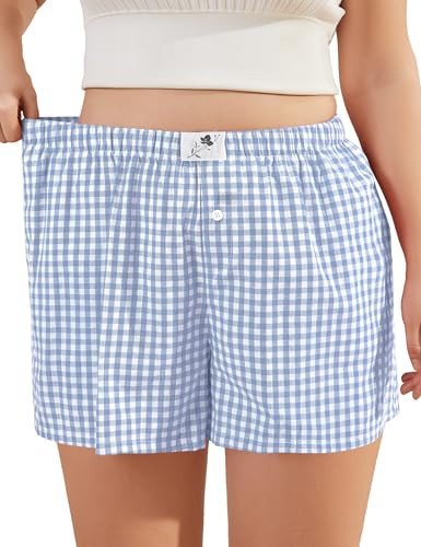 COOTRY Plus Size Women Boxer Shorts Cotton Plaid Gingham Shorts Casual Pajama Sleep Shorts Y2K Beach Bottoms Light Blue White Plaid 4XL | Amazon (US)
