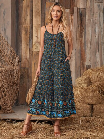 EMERY ROSE Ditsy Floral Wide Leg Slip Jumpsuit | SHEIN