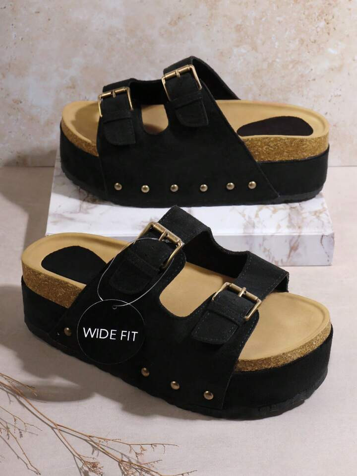 SHUZIA Women Shoes Wide Fit Open Toe Double Buckle Cork Footbed Slide Sandals Women's Black Suede... | SHEIN