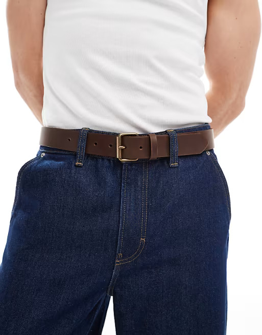 ASOS DESIGN leather belt with roller buckle in burnished gold and brown | ASOS (Global)