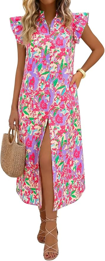 Wenrine Womens Summer Button Down Shirt Dress Casual Floral Rufffle Cap Sleeve Loose Beach Boho M... | Amazon (US)