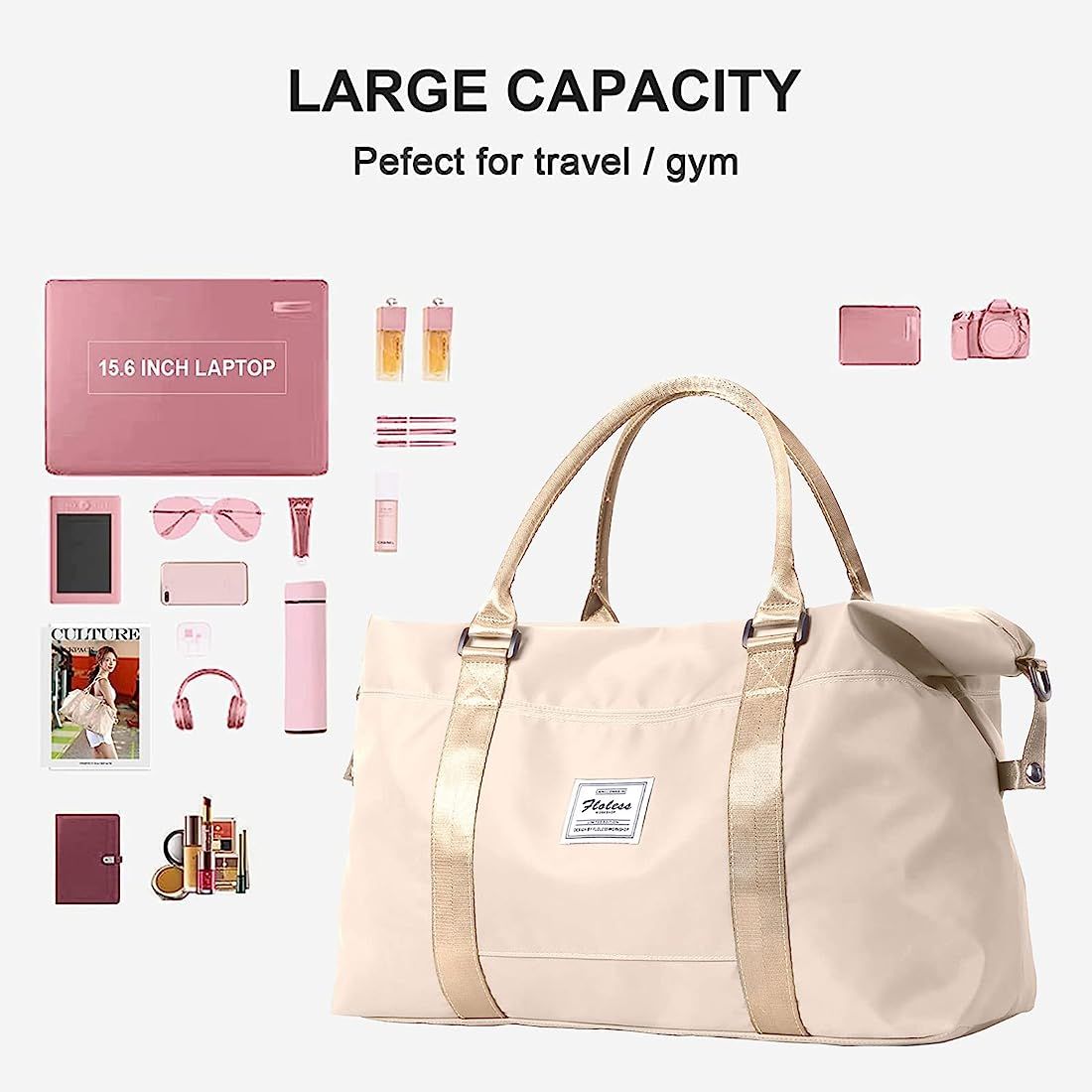 Beige Sport Travel Duffle Bag Large Gym Tote Bag for Women, Weekender Bag Carry on Bag for Airplane, | Amazon (US)