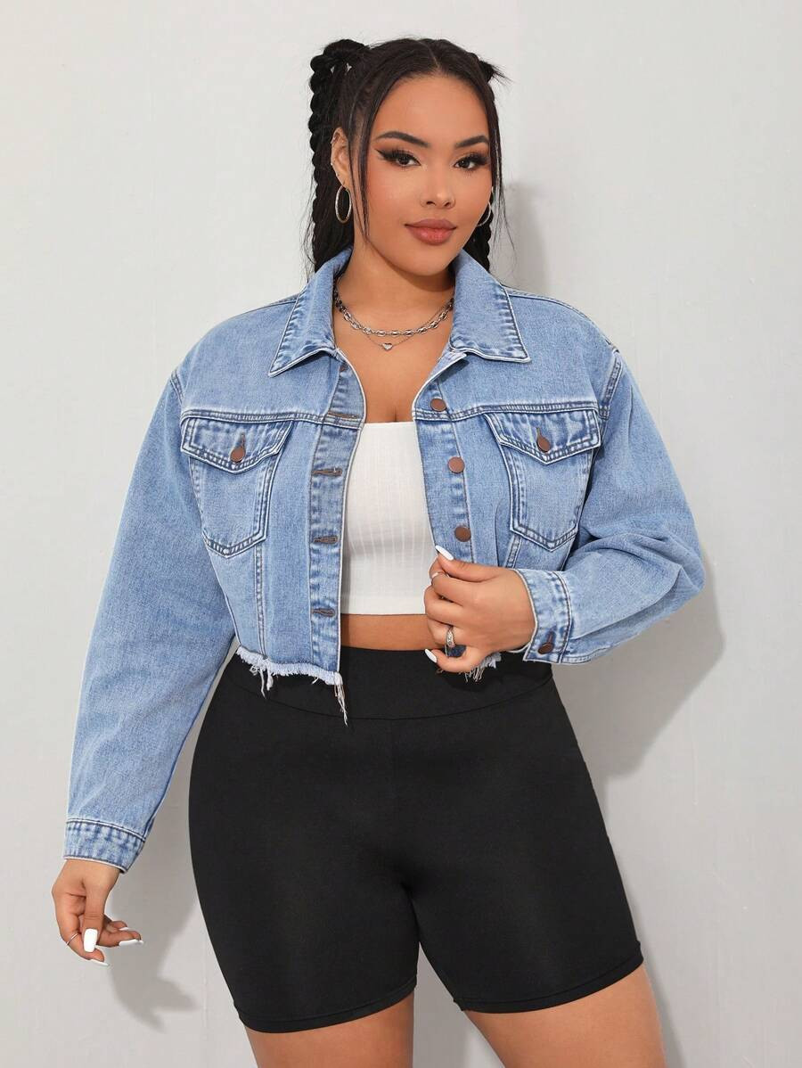 SHEIN EZwear Plus Size Women's Drop Shoulder Long Sleeve Denim Jacket With Frayed Hem | SHEIN