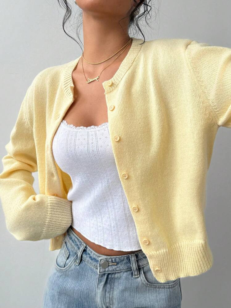 SHEIN BASICS Casual Solid Color Round Neck Long Sleeve Loose Cropped Women Cardigan Sweater, Warm Comfort, Cozy Chic, Daily Commute,Butter Yellow Top In Fall/Winter | SHEIN