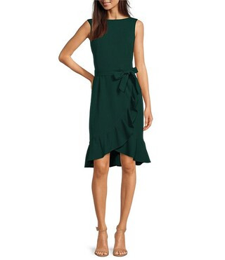 Calvin Klein Scuba Crepe Round Neck Sleeveless Ruffle Tulip Hem Tie Waist Faux Wrap Dress | Dilla... | Dillard's