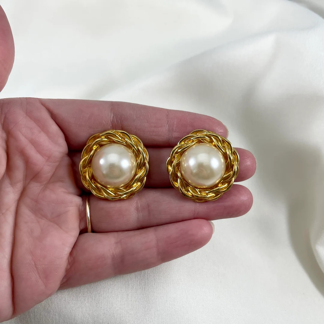 Vintage large pearl earrings with braided golden setting. Excellent vintage condition. Vintage fa... | Etsy (US)