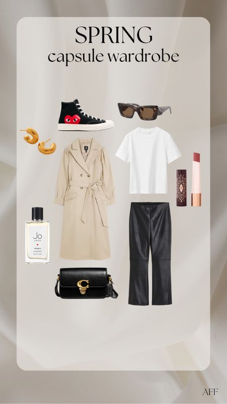 Spring capsule wardrobe outfit ideas - black faux leather trousers, cos white t shirt, river island long trench coat, converse, Gucci sunglasses, coach black studio bag, Jo loves pomelo perfume, gold monica vinader hoops, charlotte tilbury pillow talk balm  

#LTKSeasonal #LTKstyletip #LTKeurope