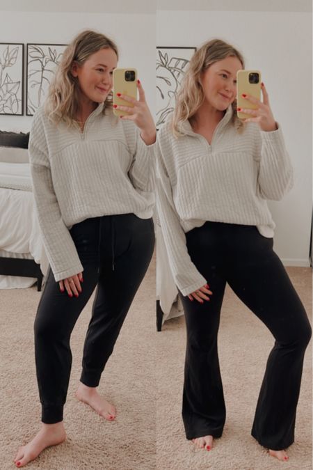 loving my new lulu joggers and flare pants! i size down to a 10 in my lulu items!— i’m usually a 12/31 in madewell/ old navy/ target jeans.