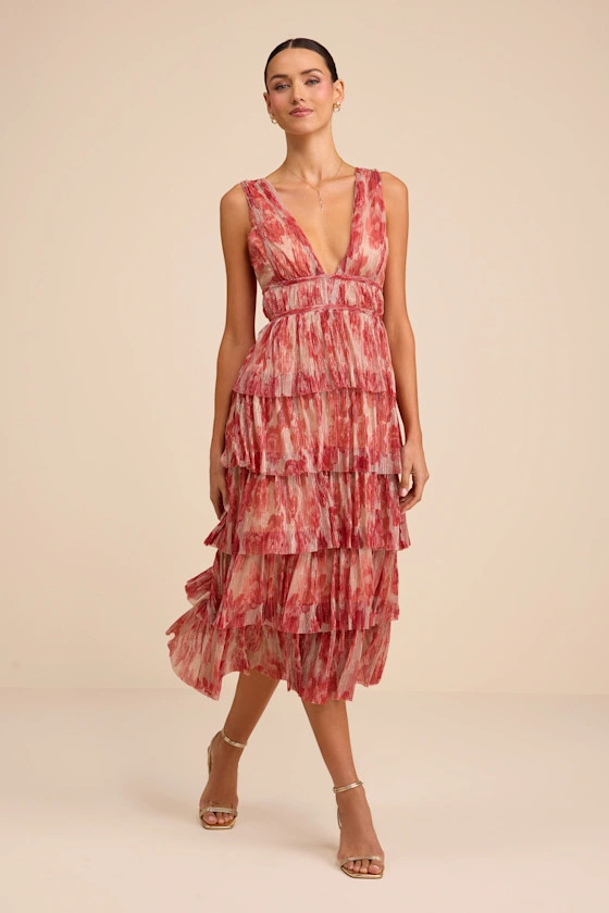 Valentia Magenta Plisse Sleeveless Tiered Midi Dress | Lulus