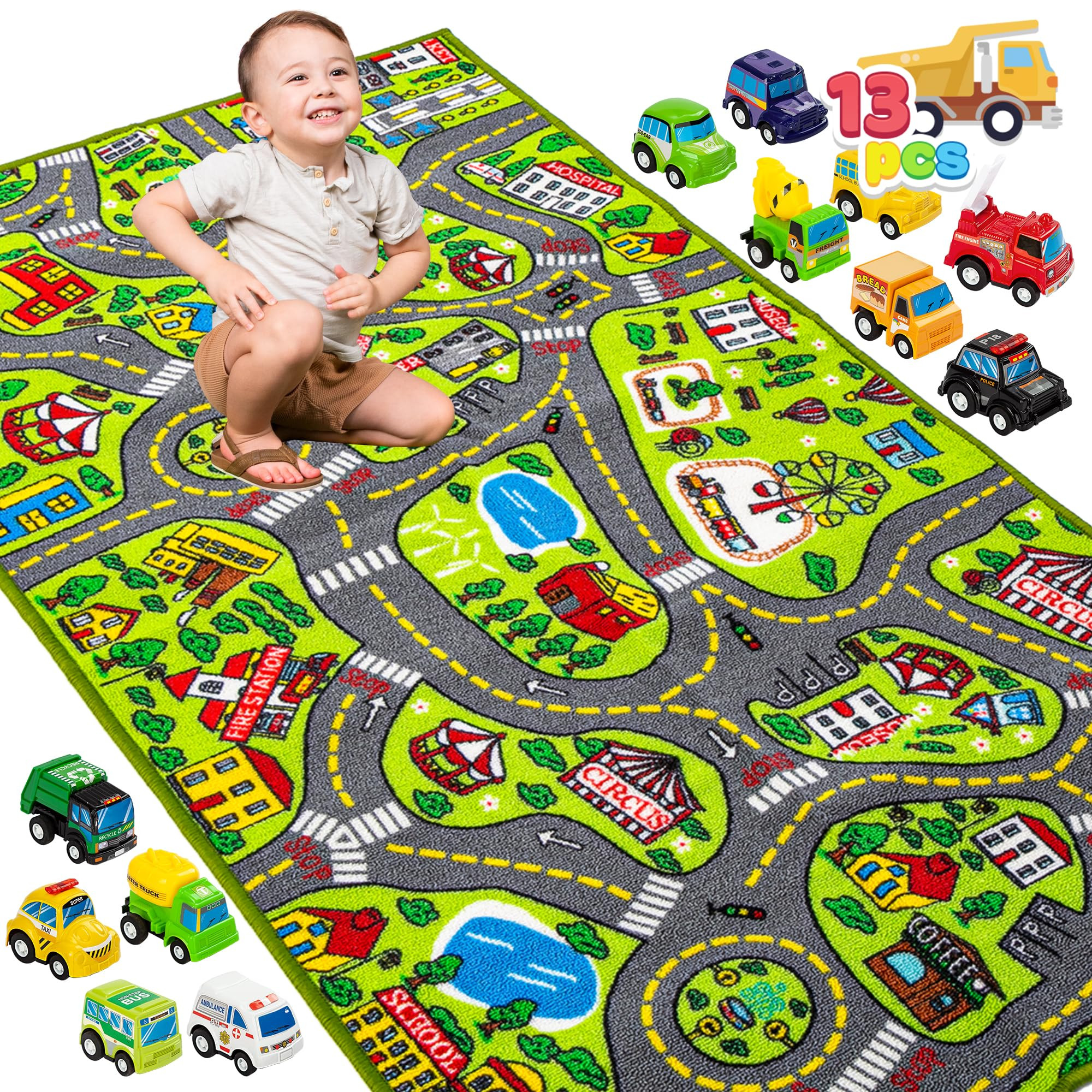 JOYIN Kids Play Rugs - 12 Pull-Back Vehicle Set - Durable Carpet Playmat Rug - City Pretend Play ... | Amazon (US)