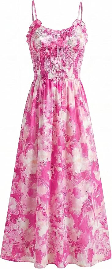 Womens Summer Floral Maxi Long Beach Boho Smocked Spaghetti Strap Dress | Flowy Vacation Sundress... | Amazon (US)