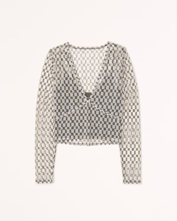 Long-Sleeve V-Neck Mesh Top | Abercrombie & Fitch (US)