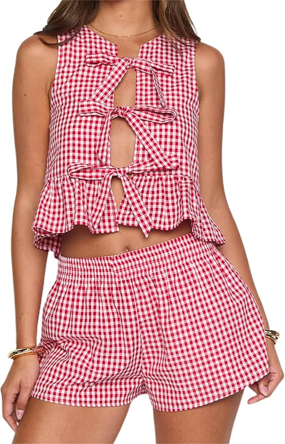 Thopavenoir Women Y2k 2 Piece Pajamas Outfits Sleeveless Bow Tie Front Tank Tops Vest +Stripe Pep... | Amazon (US)