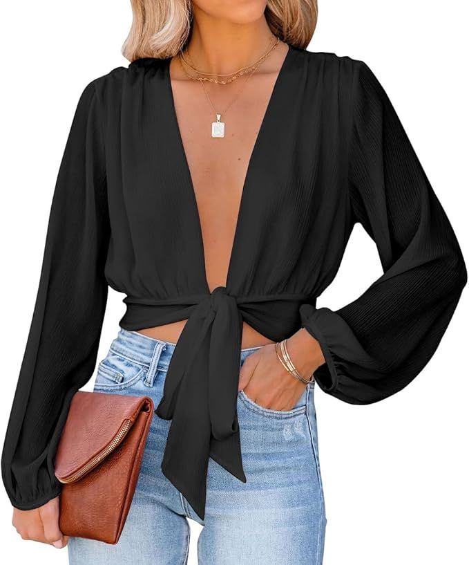 LYANER Women's Deep V Neck Tie Front Knot Long Sleeve Sexy Wrap Crop Top Blouse | Amazon (US)