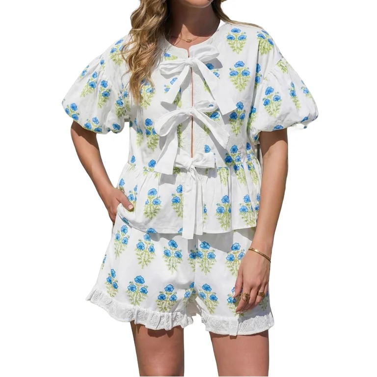 Floral Printing Women Puff Sleeve 2 Pieces Sets Tie Front Babydoll Blouse and Ruffle Shorts | Walmart (US)
