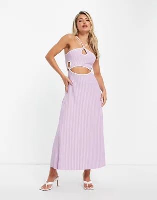 ASOS DESIGN halter cut out contrast binding ribbed midi dress in lilac | ASOS (Global)