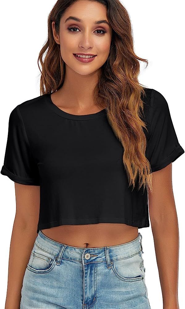 LaikaKud Womens Basic Summer Round Neck Crop Tops Loose Rolled Short Sleeve Solid Tee Shirt | Amazon (US)