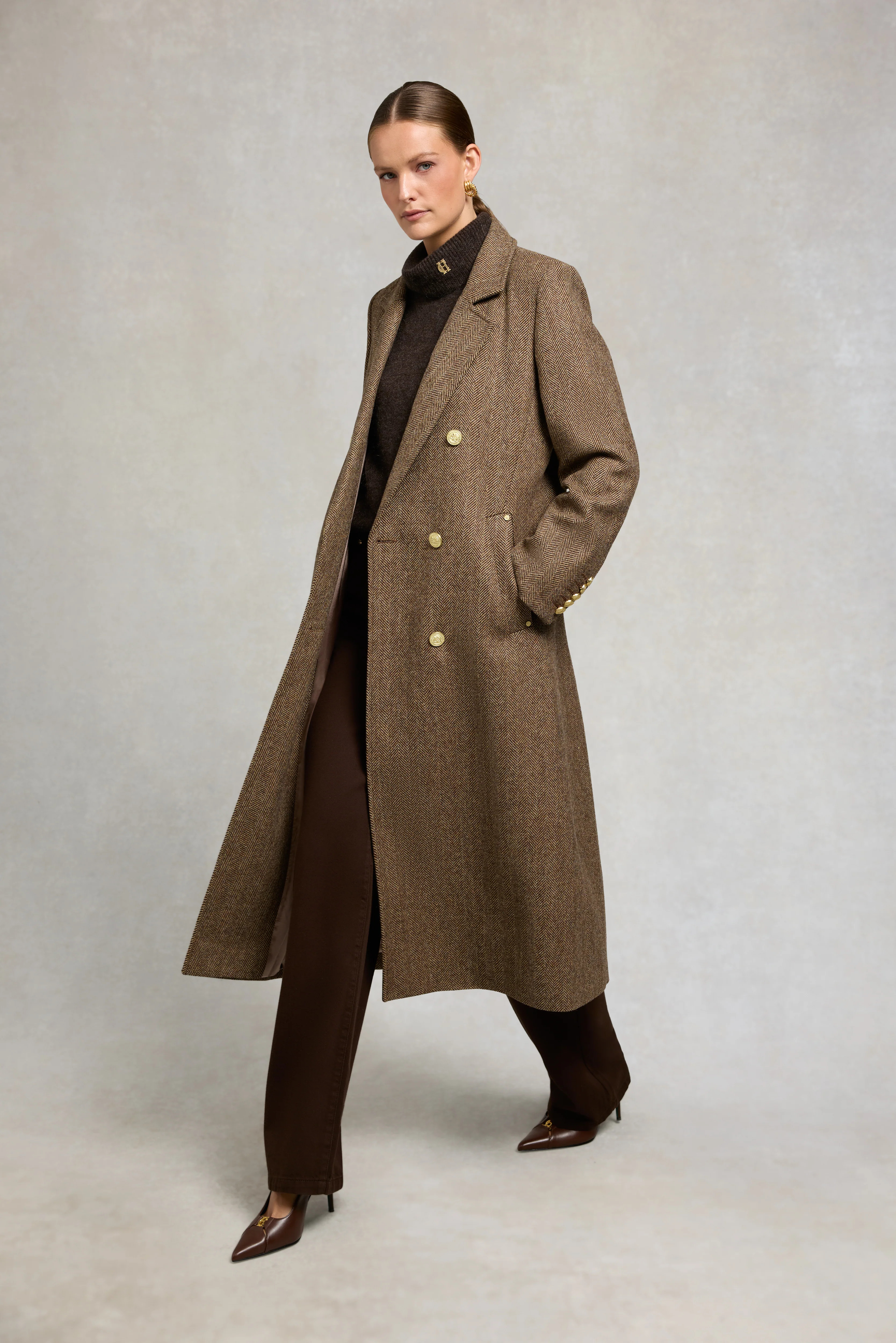 Double Breasted Coat (Large Scale Brown Herringbone) | Holland Cooper