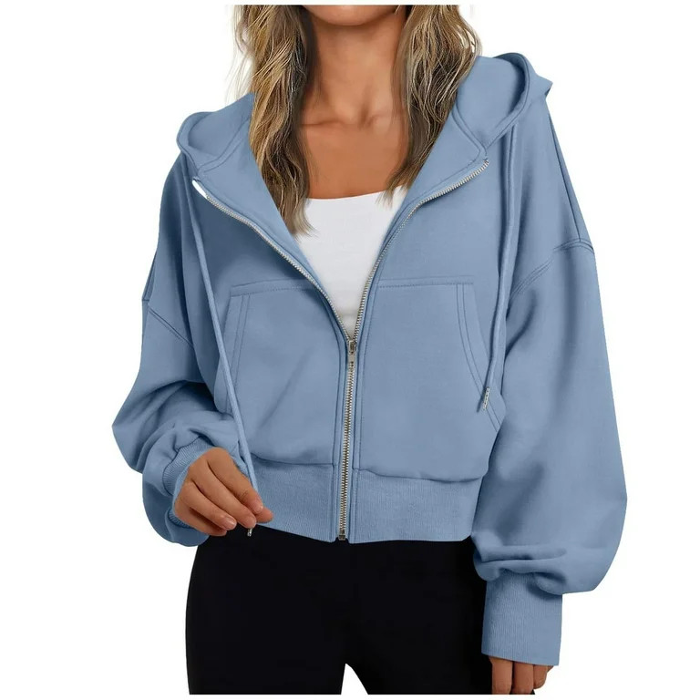 Women's Cute Hoodies Oversize Solid Long Lantern Sleeve Zip Up Cropped Hooded Jacket Pullover Swe... | Walmart (US)