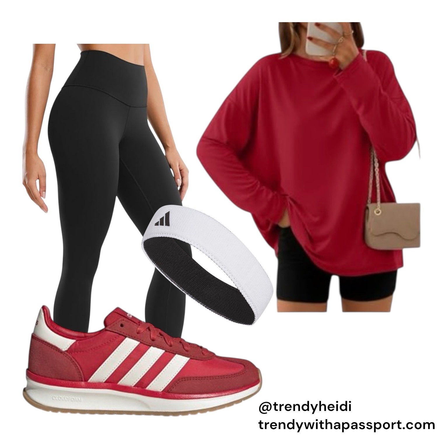 A clean, modern athleisure flatlay featuring a bold holiday-red oversized long-sleeve top paired with sleek, high-waisted black leggings. A second styling option shows black biker shorts for a sporty, on-the-go vibe. Classic retro red Adidas sneakers with white stripes anchor the outfit with a timeless pop of color. A crisp white Adidas headband adds balance and a minimalist athletic touch. Perfect for winter errands, workouts, cozy coffee runs, or a festive casual day. Bright, fresh, elevated, and effortlessly trendy—styled by @trendyheidi.

⸻

🔥 Hashtags

#athleisurestyle #holidayoutfitideas #redandblackaesthetic #sportychic #ootdideas #winteroutfitinspo #amazonfinds #amazonfashion #leggingsoutfit #bikershortsoutfit #retrosneakers #adidasstyle #cozyoutfits #casualoutfitideas #everydaystyle #trendyheidi #trendywithapassport #flatlayinspo #outfitcollage #quietluxurycasual #affordablefashion #styleboard #athleticoutfit #weekendstyle #pinterestoutfit

#LTKHoliday #LTKdayinmylife #LTKGiftGuide