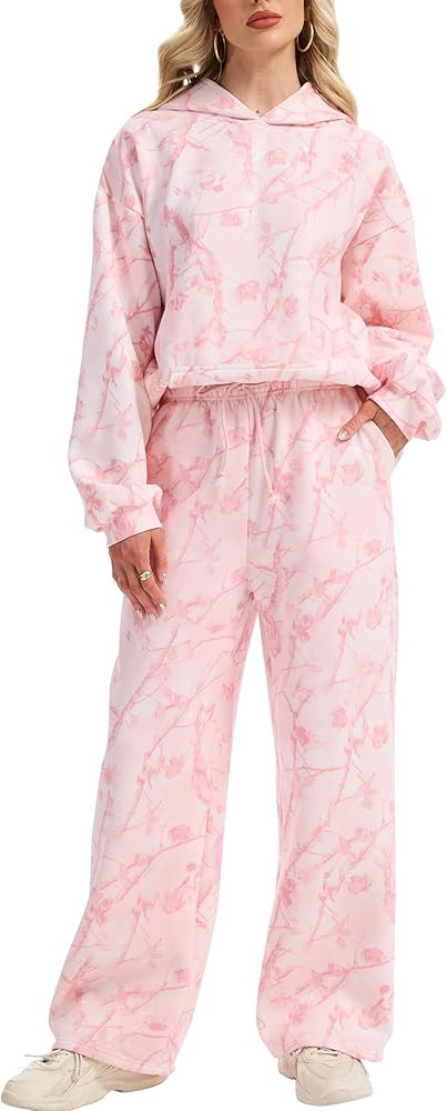 Womens 2 Piece Sweatsuits Fall Outfits Oversized Camo Hoodie Wide Leg Sweatpants Travel Lounge Ma... | Amazon (US)