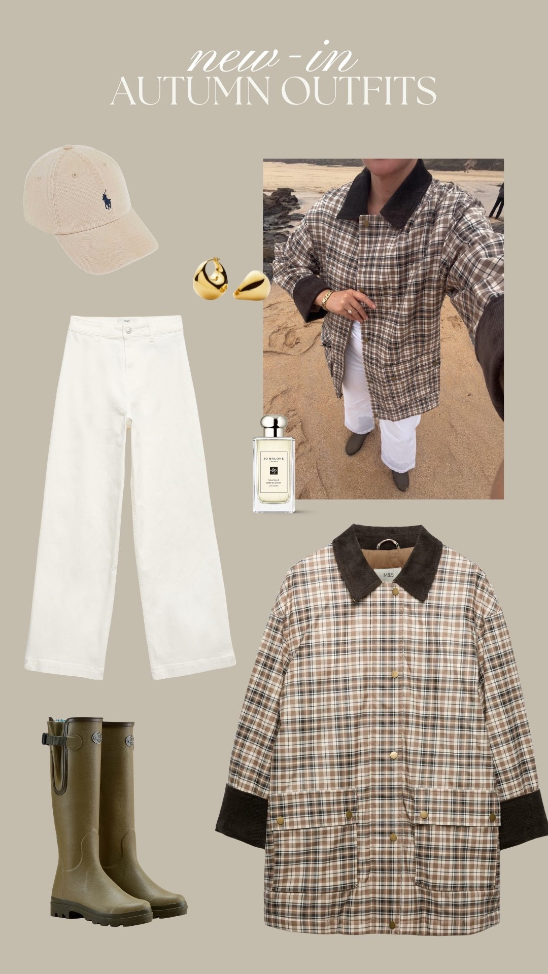 Autumn outfit wearing checked brown jacket, m&s wide leg white jeans, gold jewellery, green wellington boots and beige Ralph Lauren cap

#LTKuk #LTKautumn