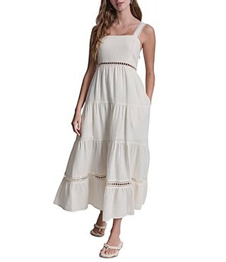 DKNY Jeans by Donna Karan Cotton Square Neck Sleeveless Lace Inset Tiered A-Line Maxi Dress -  S | Dillard's