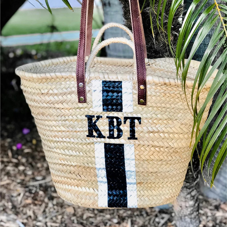 PERSONALIZED Woven Beach Bag with Shoulder Straps Monogrammed Straw Tote Hand Painted Black and W... | Etsy (US)