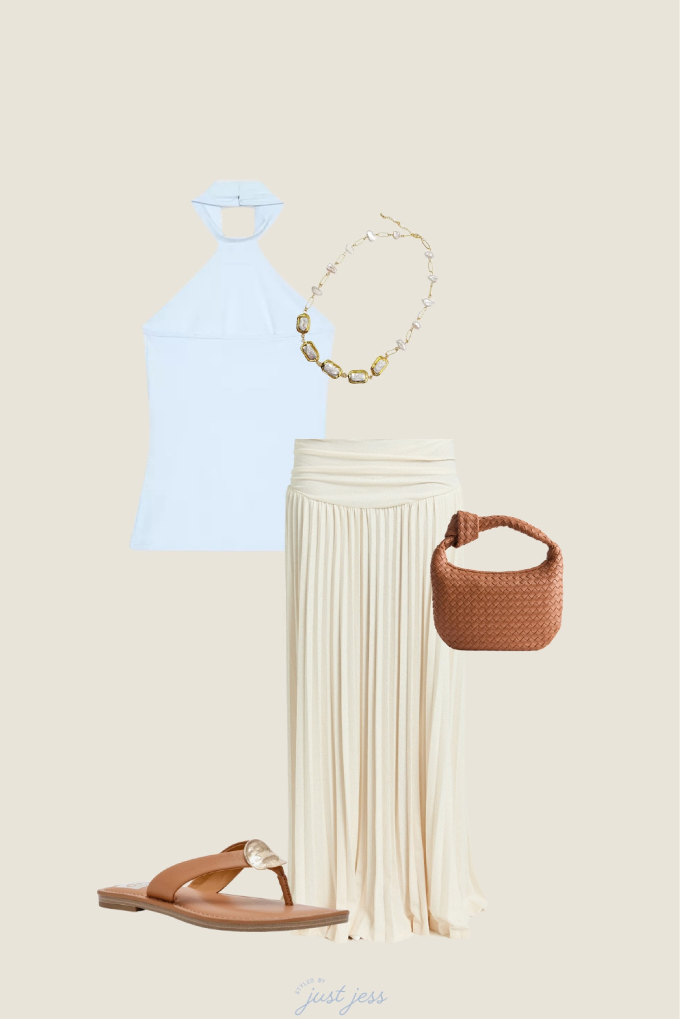 beachy summer outfit inspiration featuring a long cream skirt with pops of brown 

necklace is from scandivv 

// brown sandals, brown handbag, long skirt, vacation outfit, beach outfit 

#LTKFindsUnder100 #LTKTravel #LTKShoeCrush
