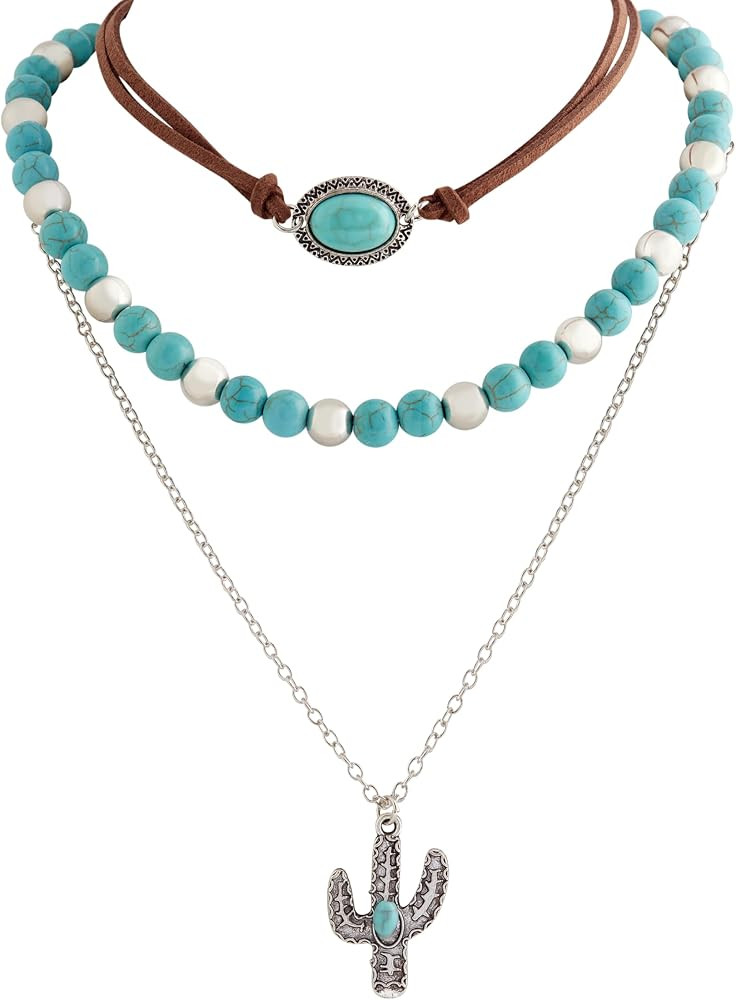 Retro Turquoise Sweater Chain Necklace Set, Beaded Ethnic Style, Cactus Square Drop Pendant, Gift... | Amazon (US)