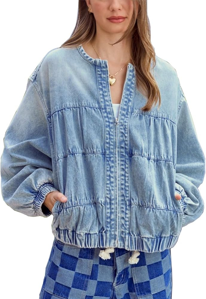 Wanzetaly Women's Oversized Denim Jacket Zip Up Long Sleeves Boyfriend Floral Jean Bomber Jacket | Amazon (US)