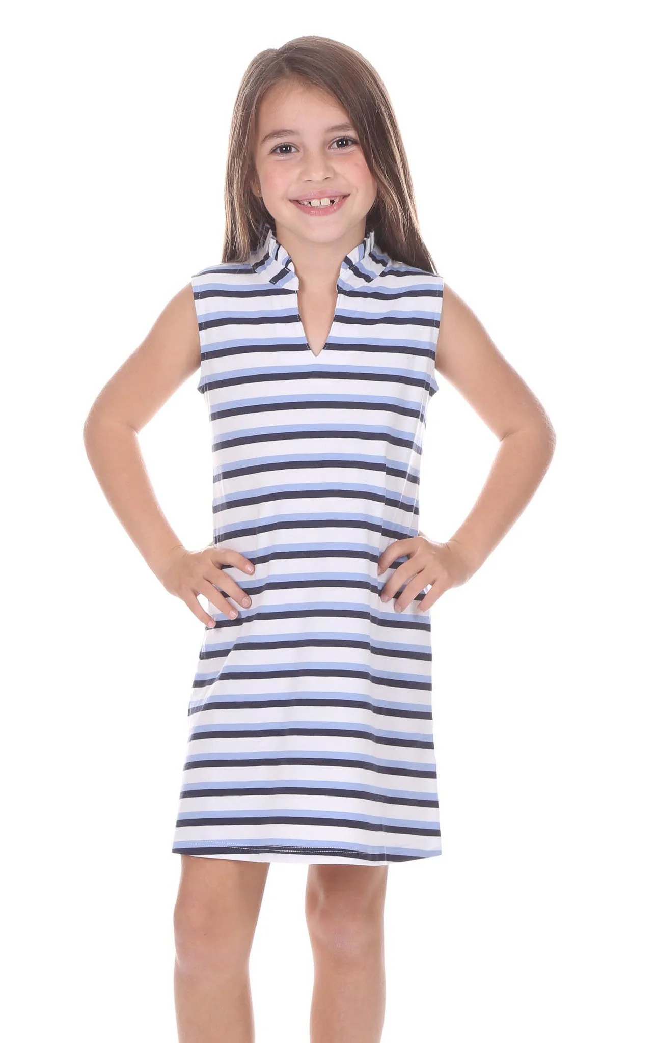 Girls Poppy Dress in Navy, White & Hydrangea Stripe | Duffield Lane