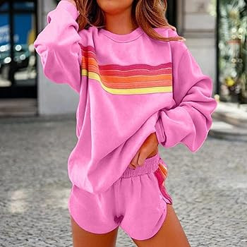 ZWRXW 2 Piece Lounge Sets for Women Rainbow Striped Matching Sets Short/Long Sleeve Tops and Shor... | Amazon (US)