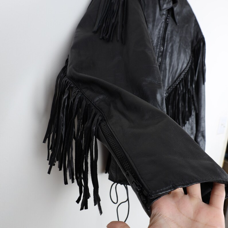Vintage 90s Black Fringe Leather String Jacket Garterized - Etsy | Etsy (US)