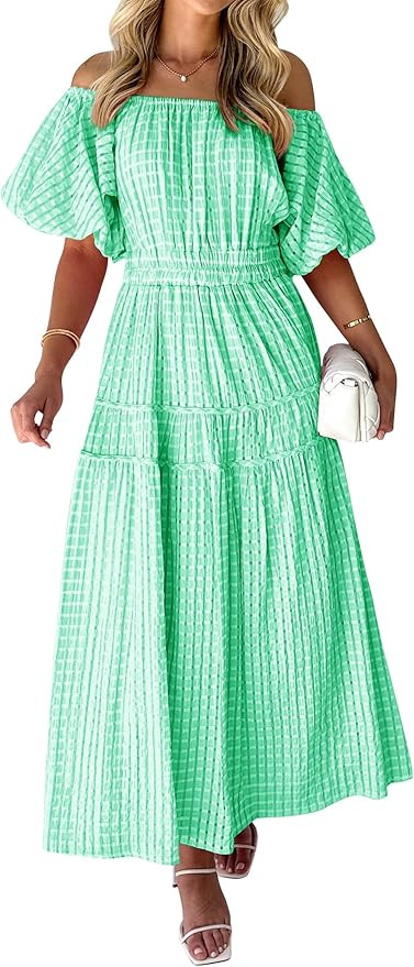 MASCOMODA Off The Shoulder Flowy Maxi Dress for Women 2024 Summer Casual Puff Short Sleeve Smocke... | Amazon (US)