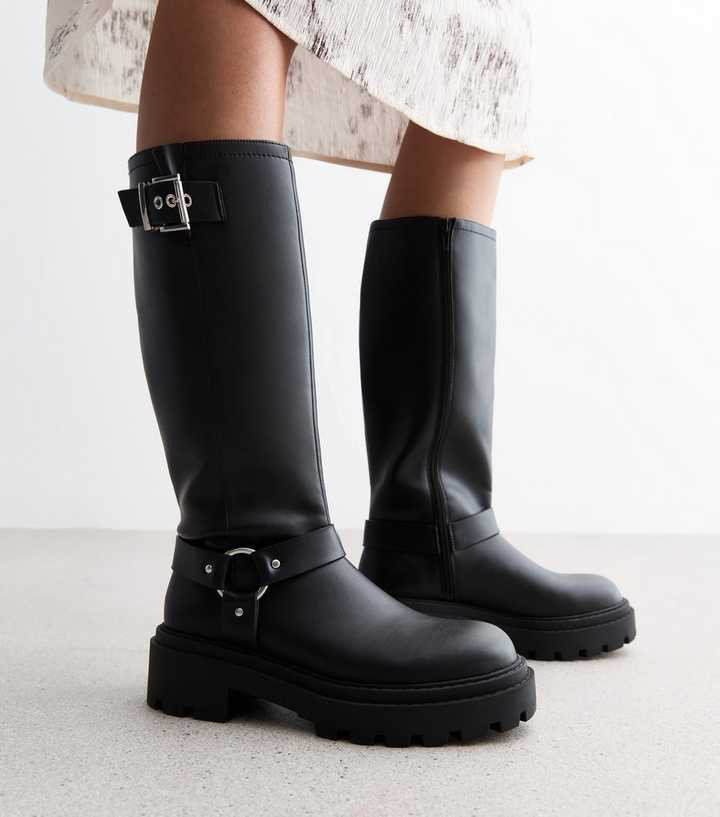 Black Leather-Look Buckled Knee-High Biker Boots
						
						Add to Saved Items
						Remove fro... | New Look (UK)