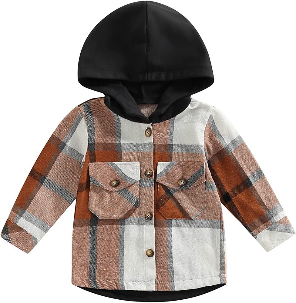 AEEMCEM Kids Toddler Boys Girls Long Sleeve Button Down Hooded Plaid Shirt Hoodie Jacket Tops Coa... | Amazon (US)