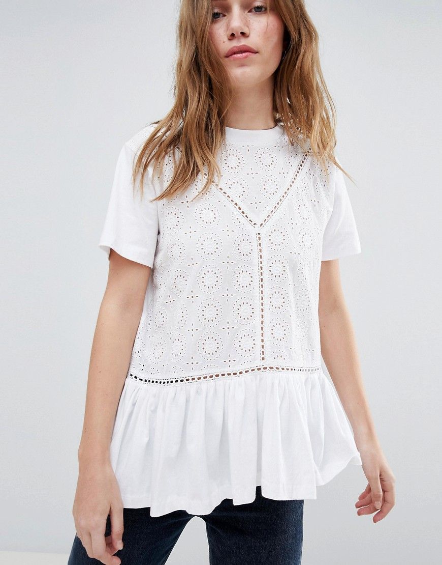 ASOS DESIGN smock t-shirt with broderie and frill hem - White | ASOS US