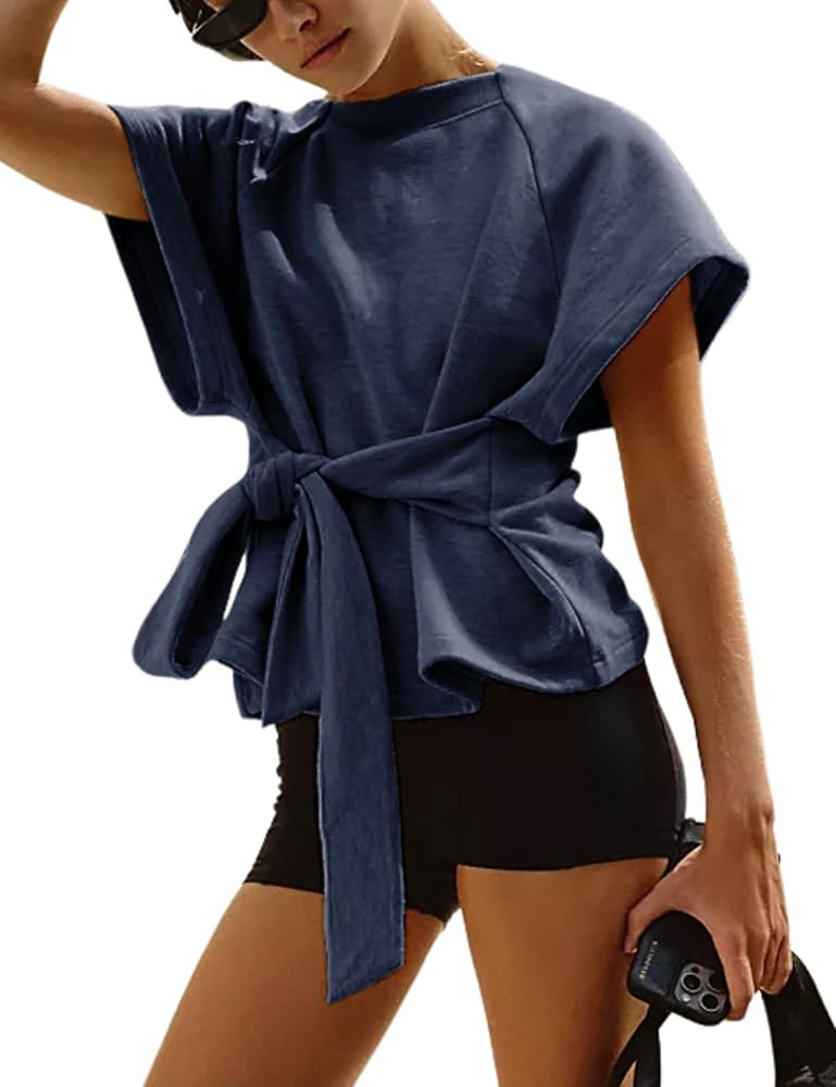 Zhiyouni Women's Summer Short Sleeves Tee T Shirt Crewneck Tie Knot Tops Sweatshirt | Amazon (US)