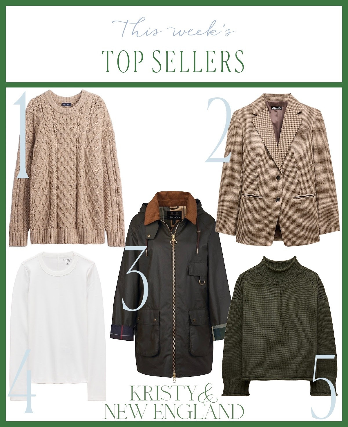 Top Sellers of the Week: fisherman sweater, brown plaid blazer, perfect white tee, Barbour jacket, green rollneck cotton sweater