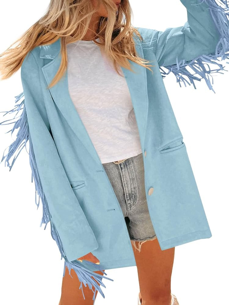 Cicy Bell Womens Faux Suede Fringe Jacket Casual Blazer Long Sleeve Lapel Button Front Suit Jacke... | Amazon (US)