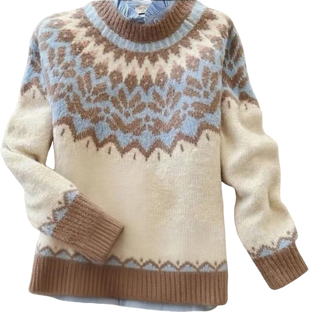 Women's Retro Brown Mock Neck Sweaters Chunky Long Sleeve Knit Pullover Tops 2025 Fall Floral Pri... | Amazon (US)