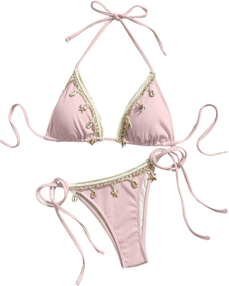 Verdusa Women's Sexy Halter Triangle Tie Side Bikini Set Ribbed Swimsuits 2 Piece Bathing Suit | Amazon (US)