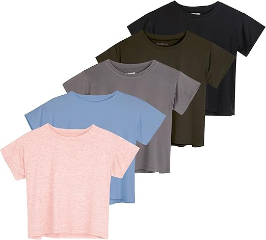 Real Essentials 5 Pack: Women's Dry Fit Crop Top - Short Sleeve Crew Neck Stretch Athletic Tee (A... | Amazon (US)