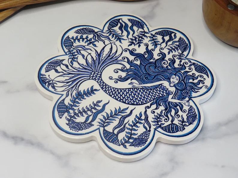 Traditional Iznik Turkish Ceramic Art Hand Painted 7” Trivet, Hot Plate, Pot Holder, Mermaid De... | Etsy (Global)