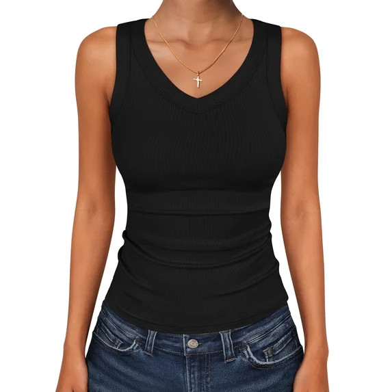 ANRABESS Womens Tank Tops 2026 Ribbed V Neck Summer Tops Basic Slim Fitted Sleeveless T Shirts So... | Walmart (US)