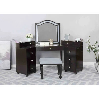 Glam Style 1pc Vanity w/ Stool Set 8mm Glass Top Storage Drawers LED On Mirror Obsidian Gray Finish Bedroom Furniture | Wayfair North America