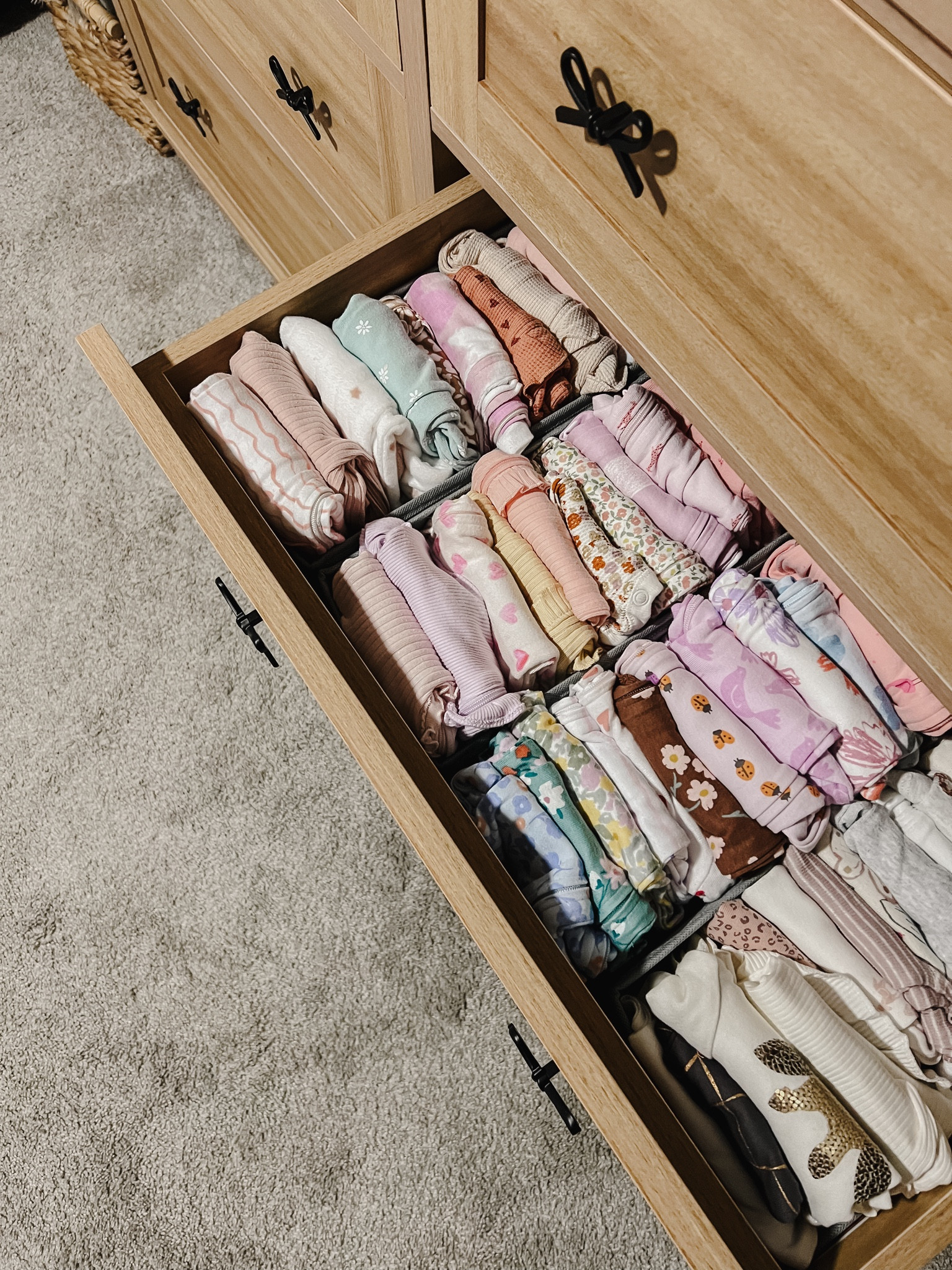 Truly don't think I could squeeze one more thing in here 🫣 thankful for these drawer organizers keeping everything neat or this would be a disaster! 

Home organization // nursery organization // baby girl finds // baby girl nursery furniture // my Texas house collection // organization 

#LTKhome #LTKbaby #LTKfindsunder50
